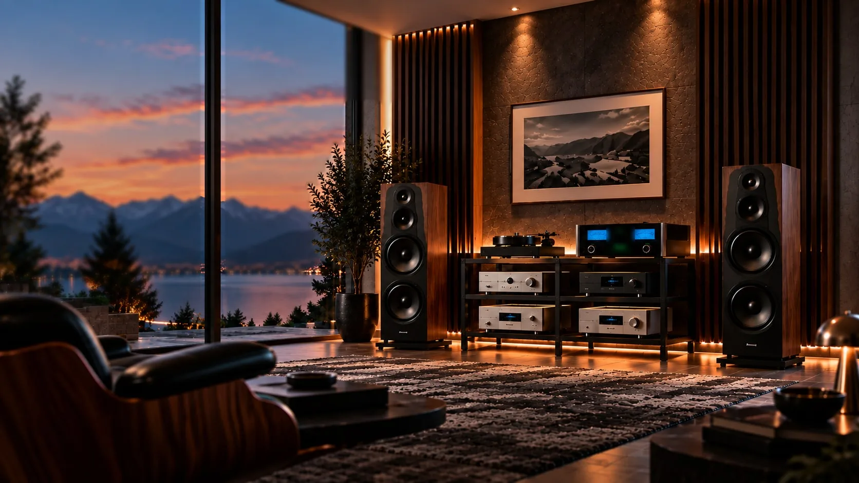 Sala de escucha con altavoces de columna y un rack de equipos de alta fidelidad